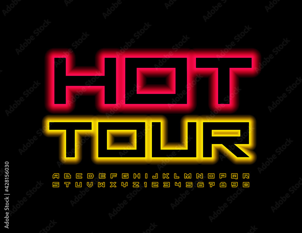 Vector promo banner Hot Tour. Neon Yellow Font. lowing light Alphabet Letters and Numbers set