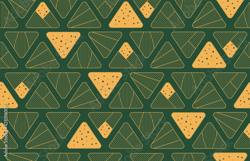 Zongzi rice dumplings seamless pattern, gold on green background. Vector illustration. Design concept for Dragon Boat Festival traditional food print, packaging, wrapping paper. Eastern style line art