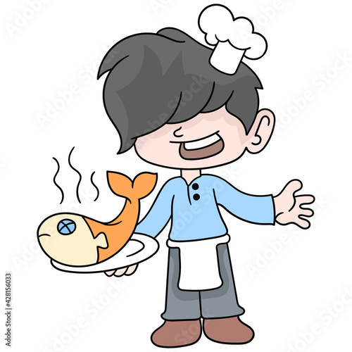 Boy learns to be a chef to cook delicious fish dishes, doodle icon image kawaii