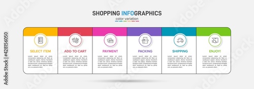 Concept of shopping process with 6 successive steps. Six colorful graphic elements. Timeline design for brochure, presentation, web site. Infographic design layout.