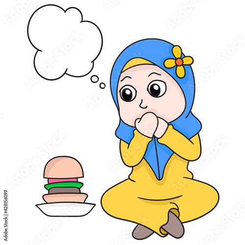 bubble chat beautiful Muslim hijab girl fasting withstand the temptation of food, doodle icon image kawaii