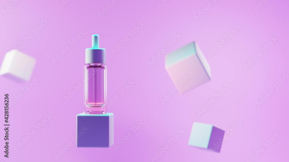 Cosmetic dropper glass bottle on podium in neon light. Mock up of flacon with pipette collagen serum or essence oil on geometric square stage, product ad presentation on pink background, 3d animation. Cosmetic dropper glass bottle on podium in neon light. Mock up of flacon with pipette collagen serum or essence oil on geometric square stage, product ad presentation on pink background, 3d animation.
