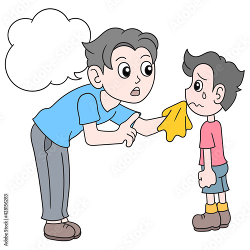 father is comforting his son who is sad, doodle icon image kawaii