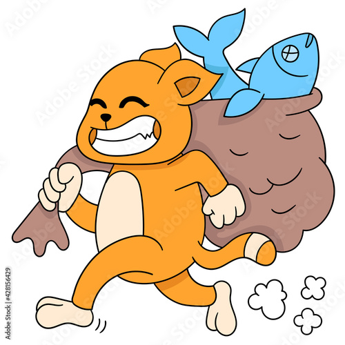 greedy cat carrying a sack of salted fish, doodle icon image kawaii