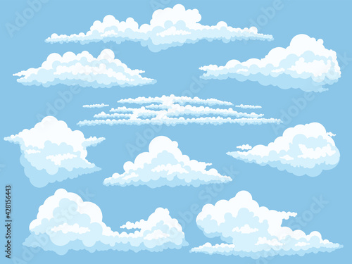 Cartoon clouds. White cloud on blue sky isolated vector illustration set