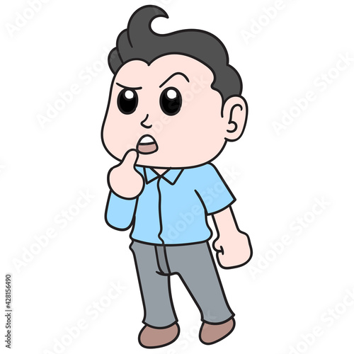 Handsome boy stands with a face of thought and confusion, doodle icon image kawaii