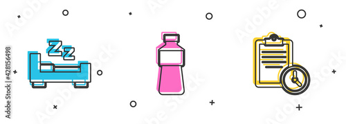 Set Time to sleep, Bottle of water and Sport training program icon. Vector