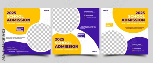 School admission social media post template collection. Modern banner template with a purple and yellow background color. Usable for social media, flyers, banners, and website.