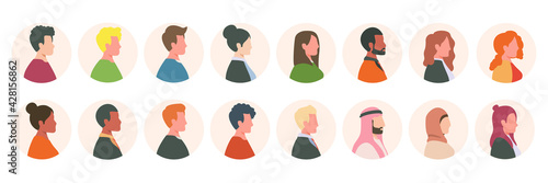 Profile portrait icons. People avatar, multicultural male and female characters portraits vector illustration set