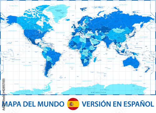 World Map Color Political - Spanish Language Version - Vector Detailed Illustration