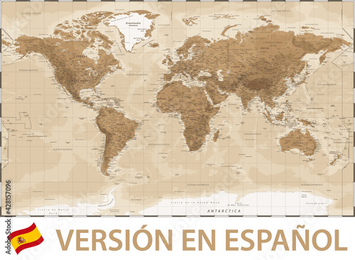 World Map Color Political Topographic - Spanish Language Version - Vector Detailed Illustration