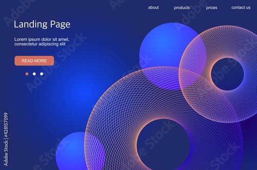 Futuristic abstract background with linear swirl, template for landing page, cover, banner, leaflet. Interface for website. Modern design with round luminous elements and 3d spheres