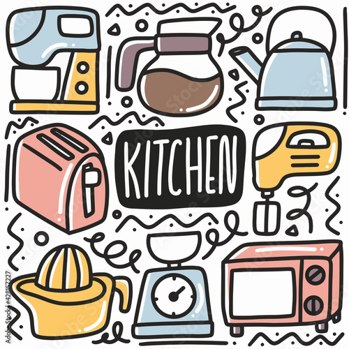 hand drawn kitchen equipment doodle set
