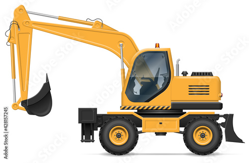 Wheel excavator vector illustration view from side isolated on white background. Construction and mining vehicle mockup. All elements in the groups for easy editing and recolor