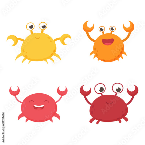 Isolated funny vector sea crabs. Set of freshwater aquarium cartoon crabs for print, children development. Arthropod, graphic, decorative, colored, animals. Vector illustration