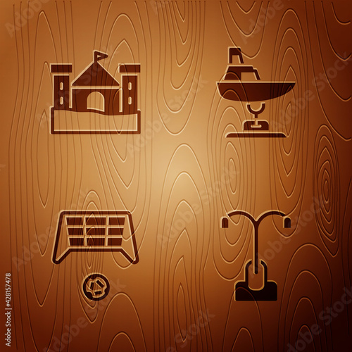 Set Street light, Sand castle, Soccer goal with ball and Swing boat on wooden background. Vector