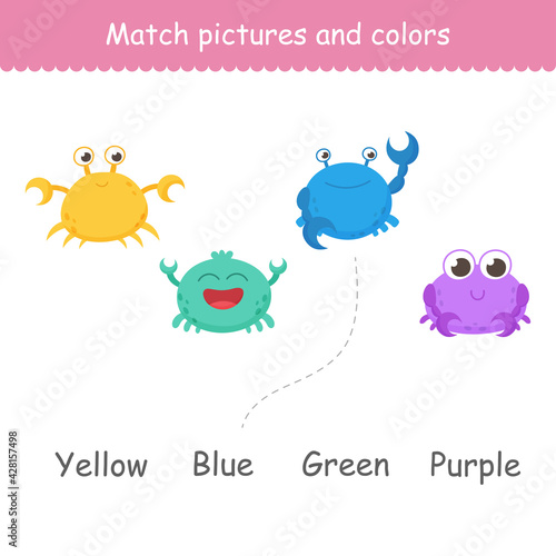 Isolated funny sea crabs. Set of freshwater aquarium cartoon crabs for print, kids development, find the right color. Varieties of decorative colored animals. Vector illustration