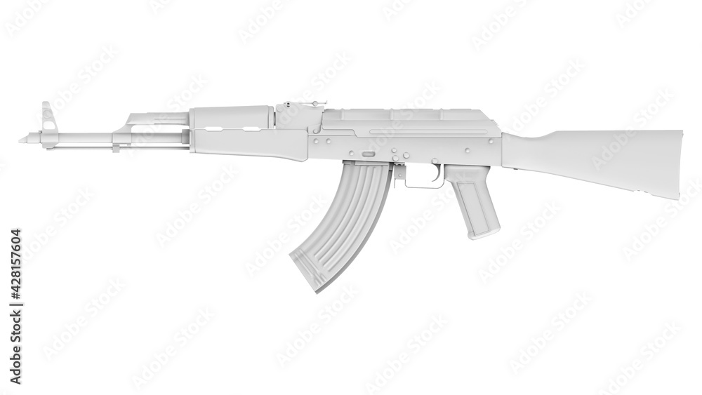 Grey AK-47 assault rifle isolated on white background. 3d render. Classic Soviet AK machine gun Grey AK-47 assault rifle isolated on white background. 3d render. Classic Soviet AK machine gun