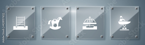 Set Swing boat, Attraction carousel, Horse saddle swing and Swedish wall. Square glass panels. Vector