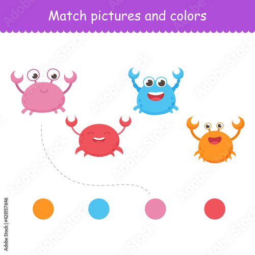 Isolated funny sea crabs. Set of freshwater aquarium cartoon crabs for print, kids development, find the right color. Varieties of decorative colored animals. Vector illustration