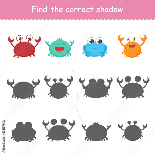 Isolated funny sea crabs. Set of freshwater aquarium cartoon crabs for print, child development, find the right shadow. Varieties of decorative colored animals. Vector illustration