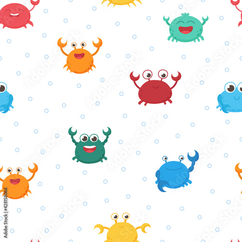 Isolated, seamless, vector pattern with sea crabs. Set of freshwater aquarium cartoon crabs for print, children development. Arthropod, graphic, decorative, colored, animals. Vector illustration
