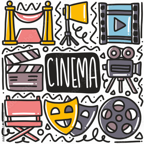 hand drawn cinema equipment doodle set