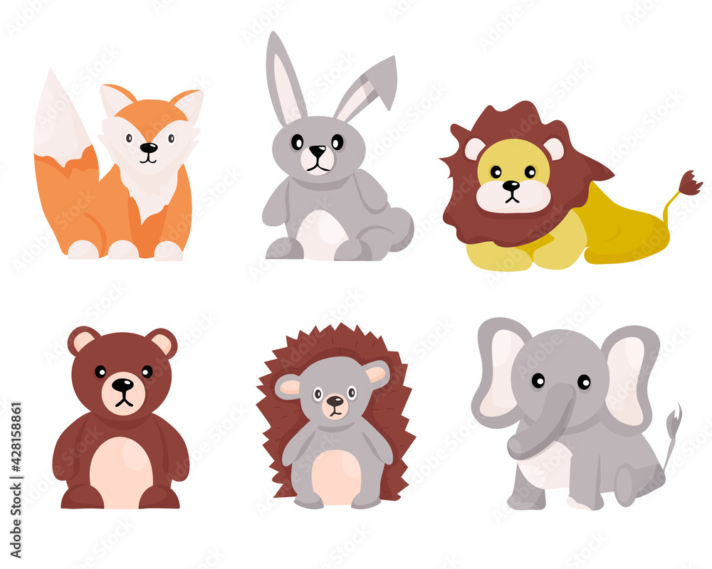 Obraz premium Set of cute zoo animals. Vector illustrations, isolated on white background