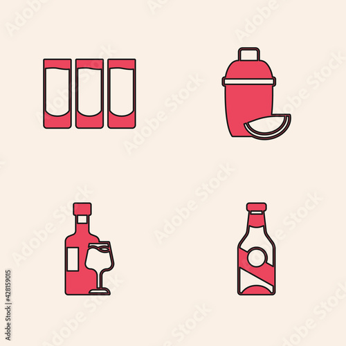 Set Beer bottle, Shot glass, Cocktail shaker with lime and Wine icon. Vector