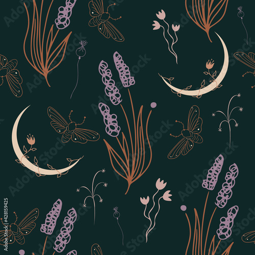 Hand drawn crescent moon and herbs seamless pattern. 