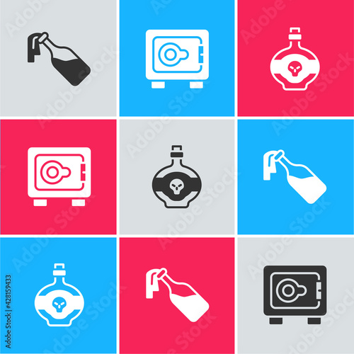 Set Cocktail molotov, Safe and Poison in bottle icon. Vector