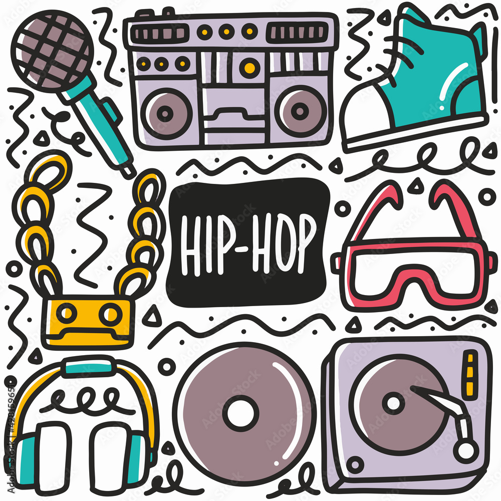 hand drawn hip hop music doodle set