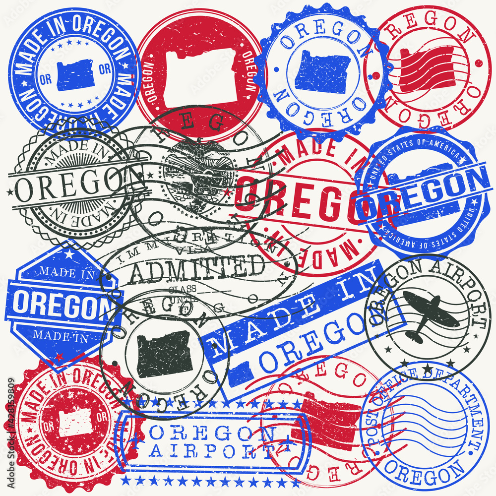 Oregon, USA Set of Stamps. Travel Passport Stamps. Made In Product. Design Seals in Old Style Insignia. Icon Clip Art Vector Collection.