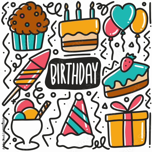 hand drawn birthday party doodle set