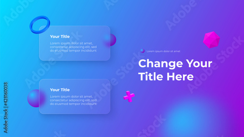 Glassmorphism concept with 3d geometric shapes. Frosted glass effect. Illustration on blurred gradient vector background