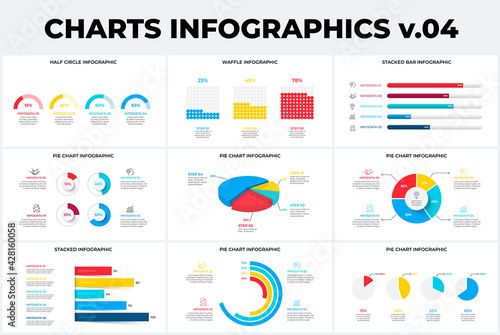 Set with various charts infographic design templates. Modern flat vector illustration for presentation. Annual report