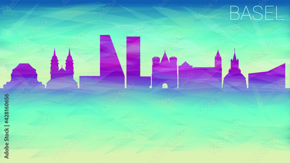 Naklejka premium Basel Switzerland City Skyline Vector Silhouette. Broken Glass Abstract Geometric Dynamic Textured. Banner Background. Colorful Shape Composition.