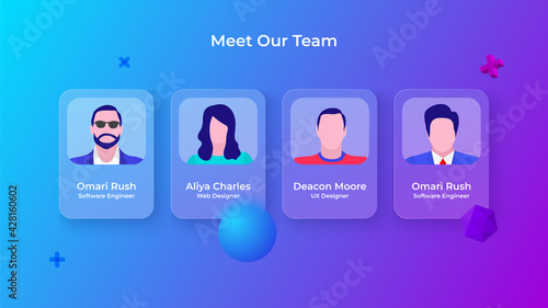 Glassmorphism our team concept with 3d geometric shapes. Frosted glass effect. Illustration on blurred gradient vector background