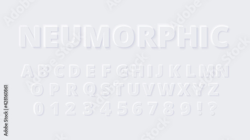 Neumorphic alphabet font. Light letters and numbers. Stock vector typescript for your typography design