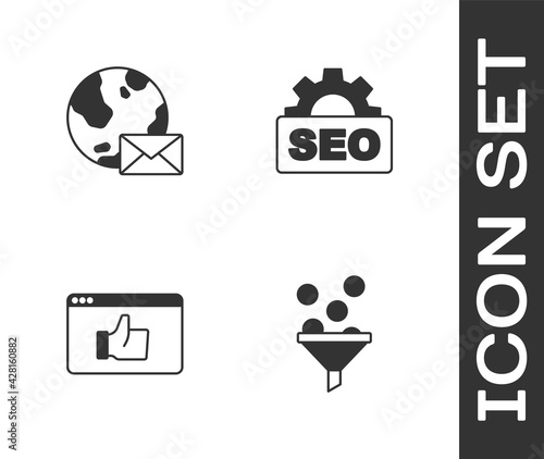Set Lead management, Earth globe with mail, Customer product rating and SEO optimization icon. Vector