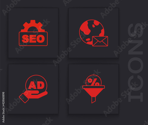 Set Lead management, SEO optimization, Earth globe with mail and Advertising icon. Vector
