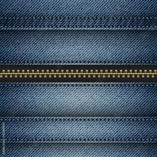 Blue denim with stitched stripes and fastener.