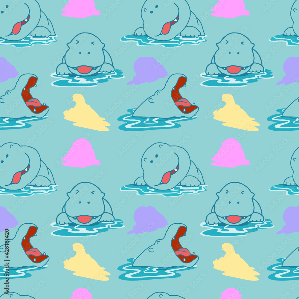 Pattern background cute animal with Hippo blue color vector illustration.
