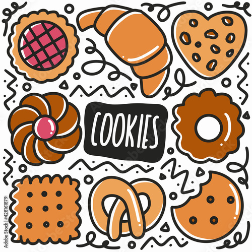 hand drawn cookies doodle set