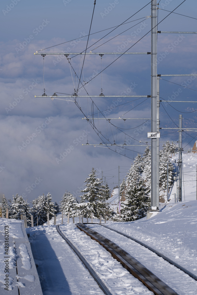 background, beautiful, beauty, blue, cog railway, cold, day, forest, frost, frozen, ice, landscape, mountain, nature, outdoor, overhead contact line, pine, railroad, rigi kulm, road, scene, scenery, s