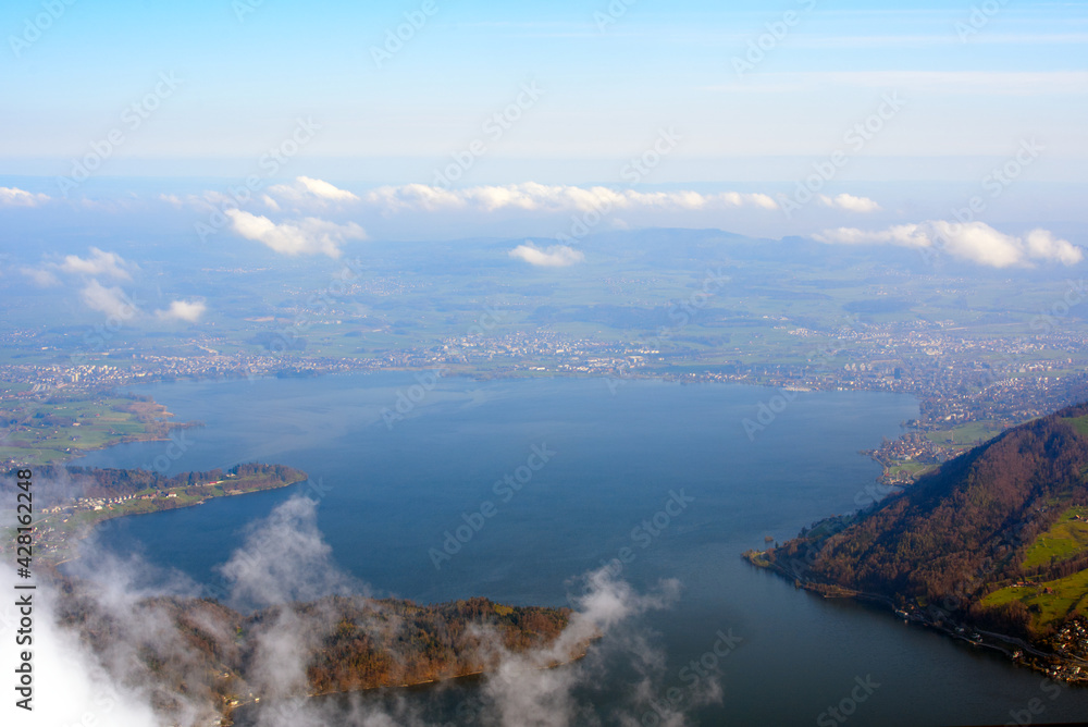 View from mount Rigi to the Swiss midlands with lake Zug. Photo taken April 14th, 2021, Rigi Kulm, Switzerland.
