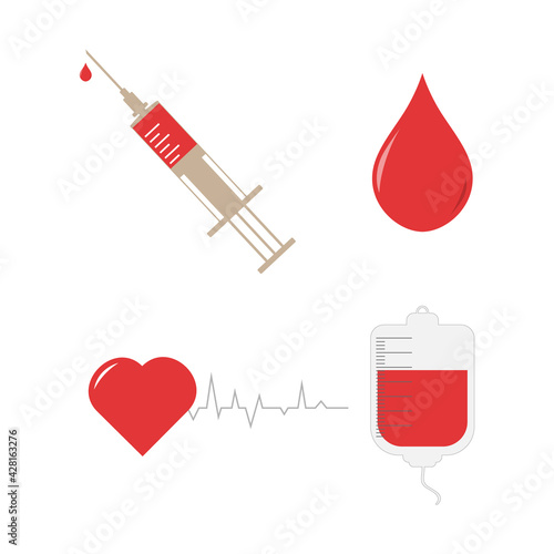 Vector medical set isolated on white. Syringe, heart with cardiogram, dropper, drop of blood. For various purposes of design.