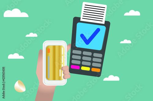 Vector illustration. Contactless payment. The concept of a payment terminal near the communication field. Internet transactions, paypass and NFC