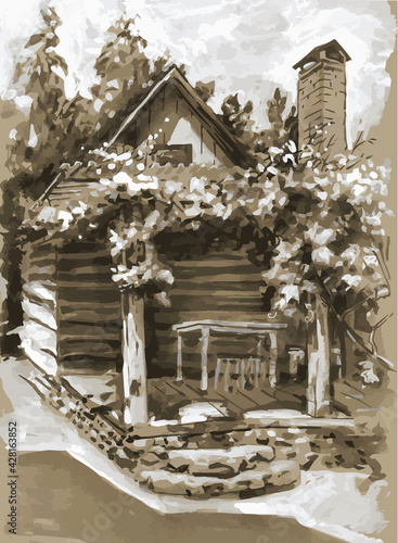 Summer veranda entwined with grapes. Grisaille, monochrome, sepia, etude