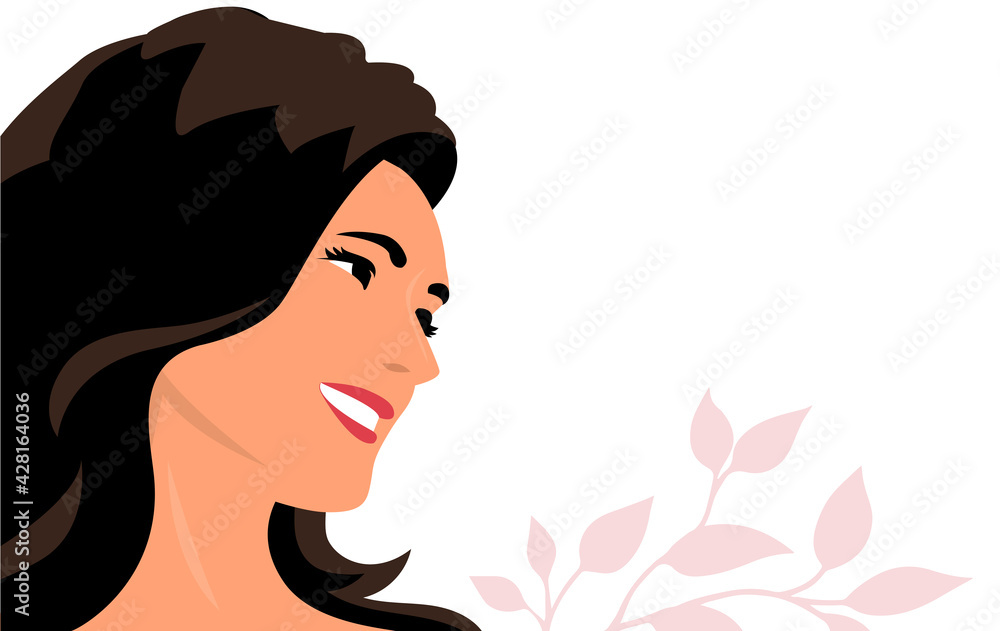 Beautiful young woman with a happy smile. Face portrait. Place for your text. Vector background illustration